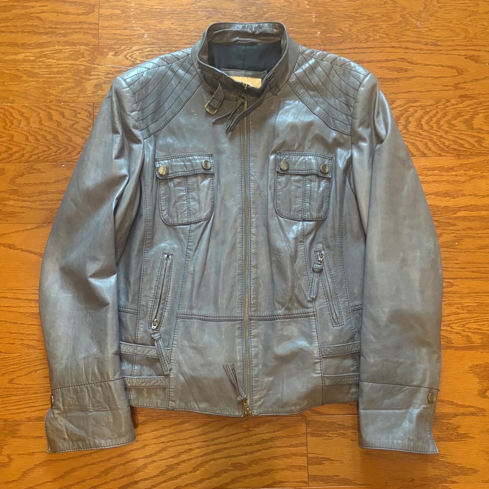 BiBA Gray Genuine Lamb Leather Moto Biker Jacket Quilted Shoulder Stand Collar